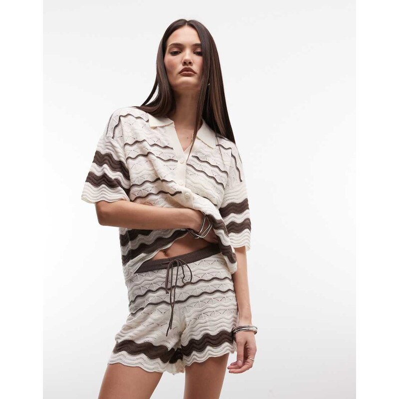 Noisy May crochet short co-ord in beige & brown-Neutral