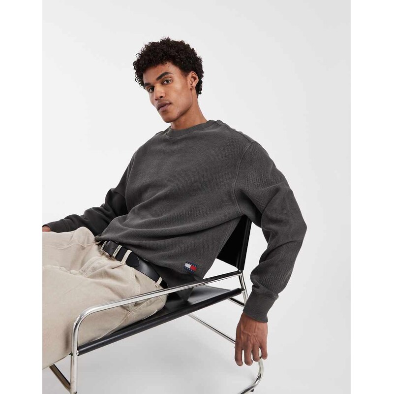 Tommy Jeans waffle texture relaxed fit sweatshirt in washed black
