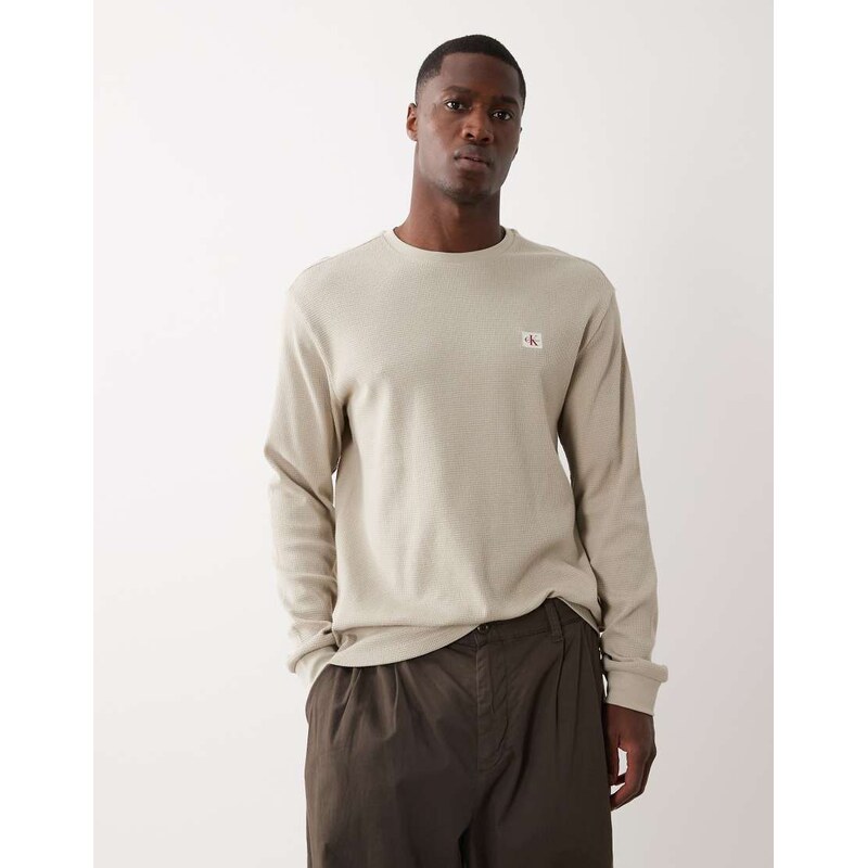 Calvin Klein Jeans long sleeve waffle badge t-shirt in khaki