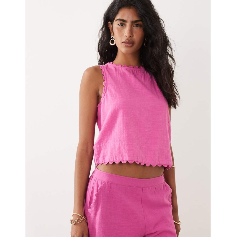 Vila cotton scallop trim sleeveless top co-ord in bright pink 115733652