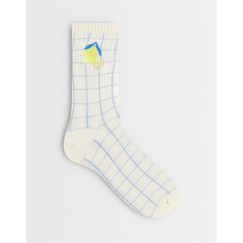 ASOS DESIGN ankle socks with lemon embroidery in blue check