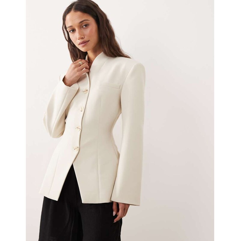 Miss Selfridge collarless blazer in ivory-White 115523191