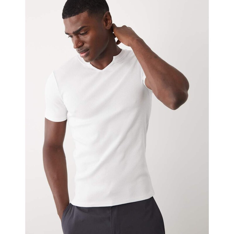 ASOS DESIGN muscle fit t-shirt with notch neck in white rib