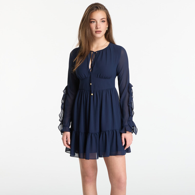 Šaty Michael Kors Ruffled Georgette Long-Sleeve Dress Midnight Blue XS 115389873