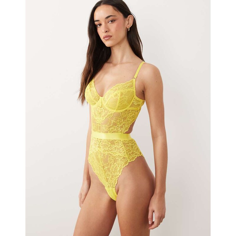 Ann Summers Hold Me Tight all over lace Bodysuit in yellow -
