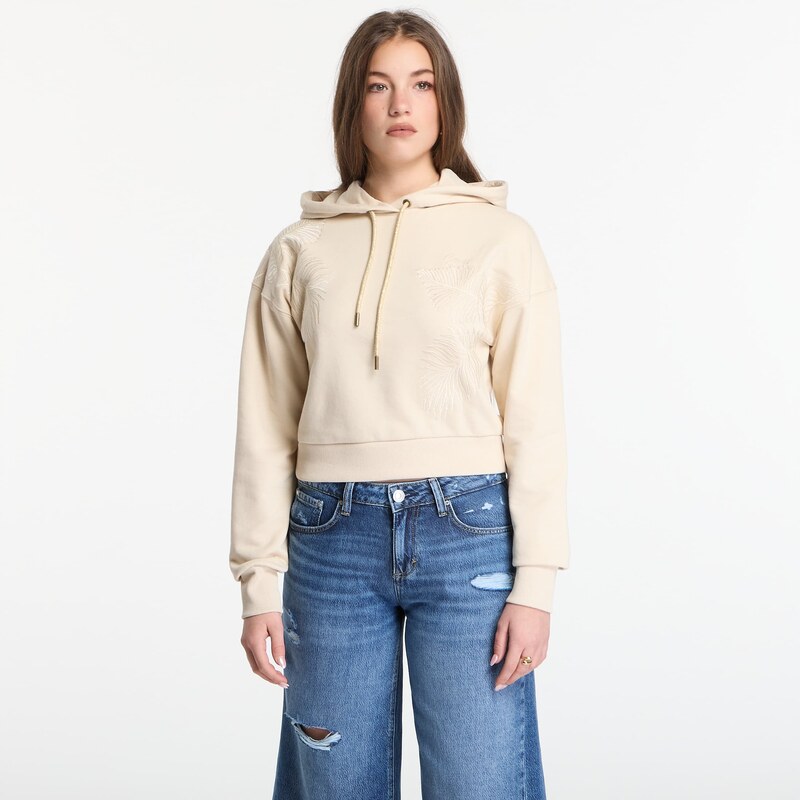 Mikina GUESS Ls Hooded Leaves Crop Sweatshirt Pearl Oyster XS