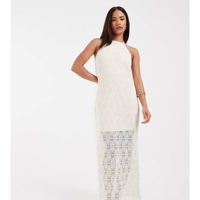 Vero Moda Petite stretch lace halter maxi dress in cream-White