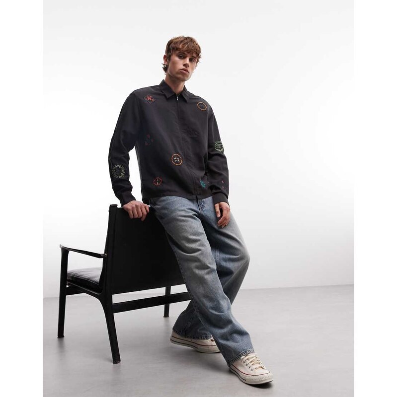 AllSaints Laurel long sleeve embroidered zip through shacket in