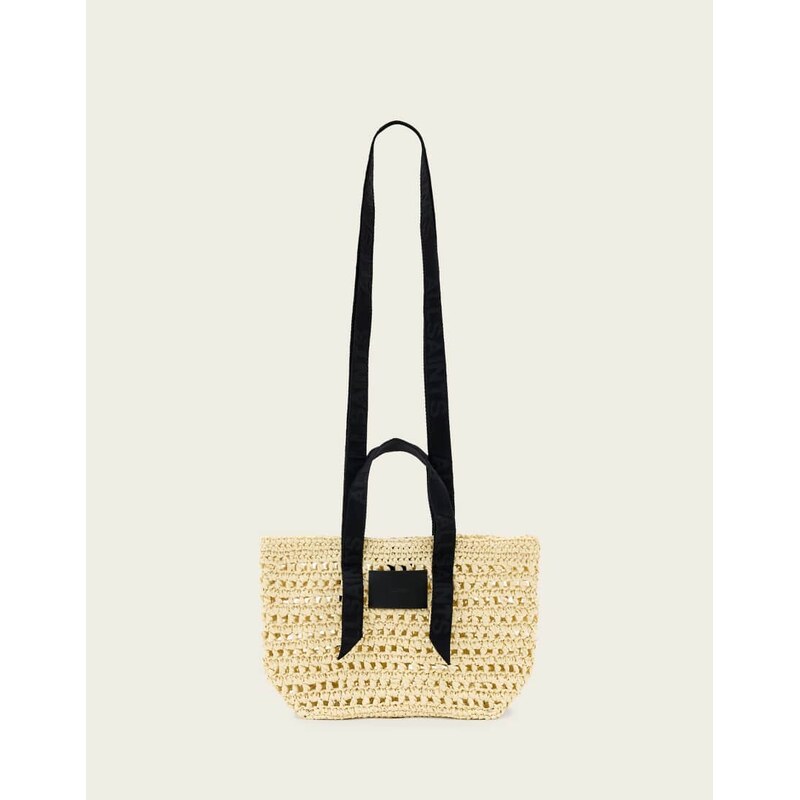 AllSaints Celayne raffia woven mesh logo shoulder bag in off white
