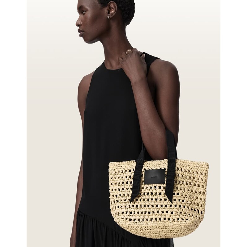 AllSaints Celayne raffia woven mesh logo shoulder bag in off white