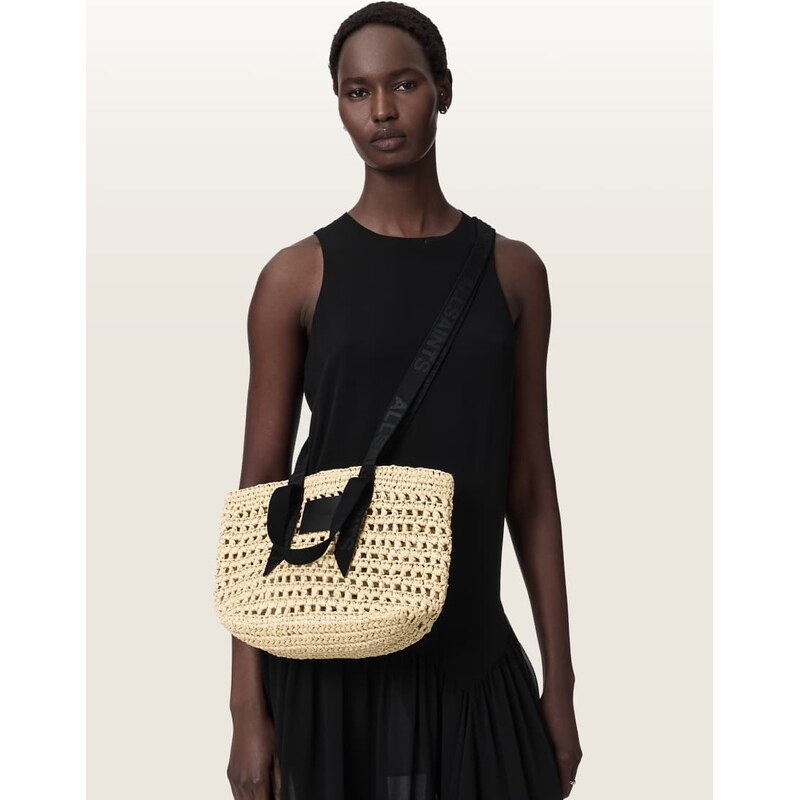 AllSaints Celayne raffia woven mesh logo shoulder bag in off white
