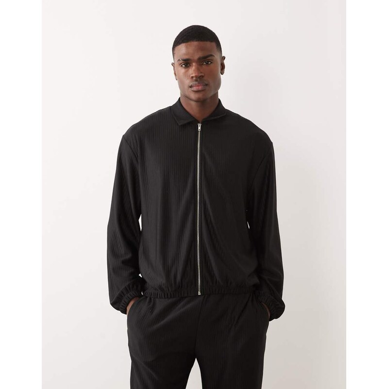 ASOS DESIGN co-ord oversized zip through harrington jacket in black rib