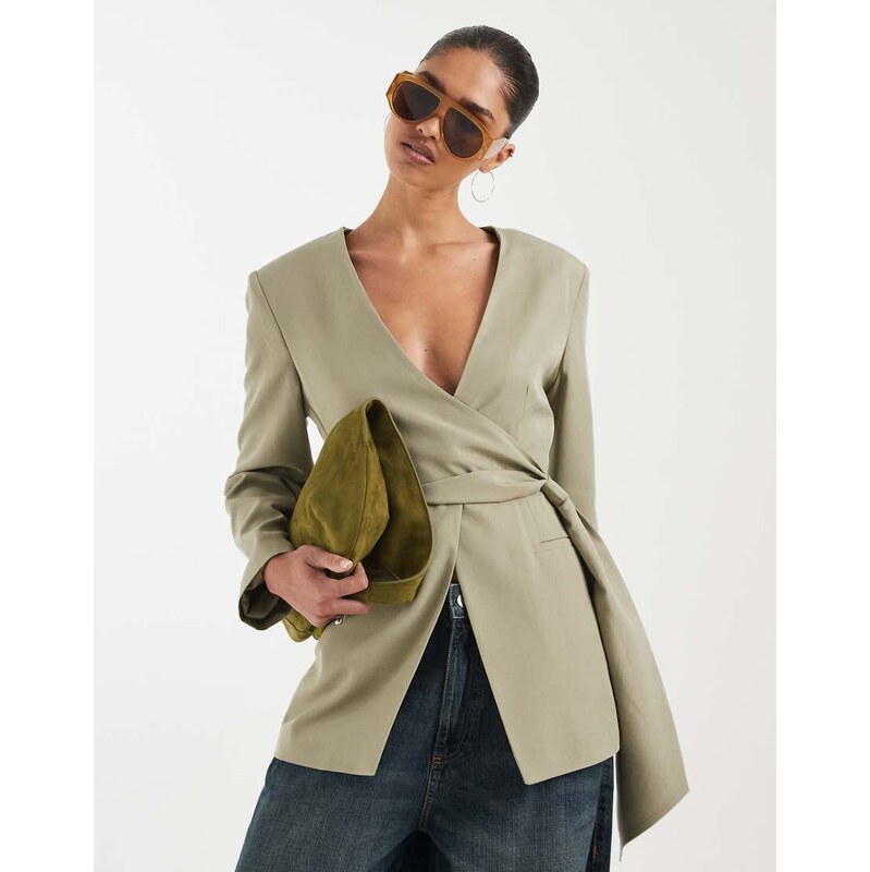 ASOS DESIGN linen blend round neck blazer in cream polka dot