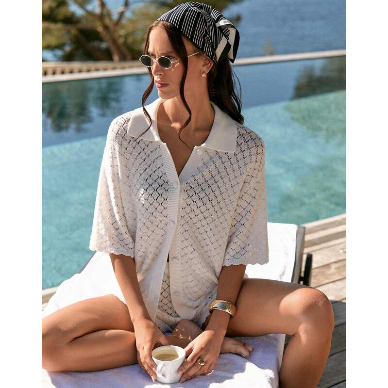 4th & Reckless crochet oversized sleeve scallop edge beach shirt co 115624344