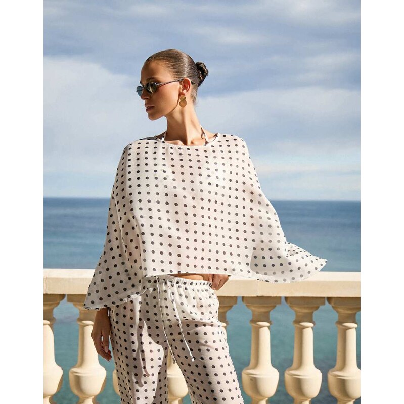 4th & Reckless sheer mesh beach cape top co-ord in white polka dot 115184354