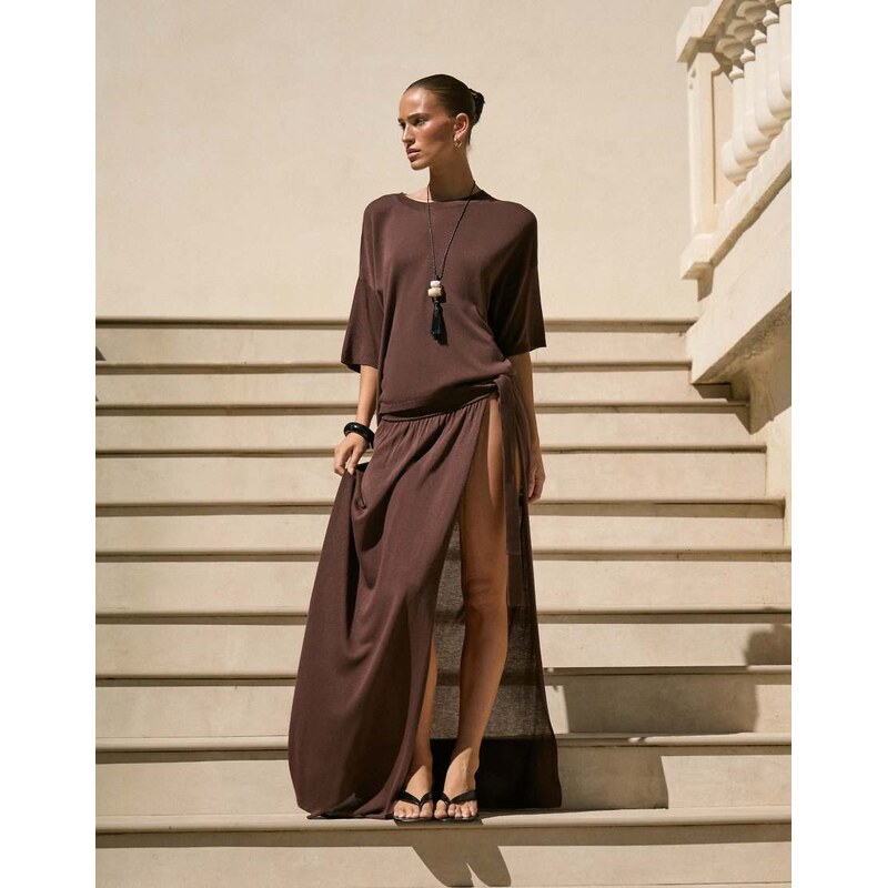 4th & Reckless fine knit dropped shoulder beach t-shirt co-ord in 115184357