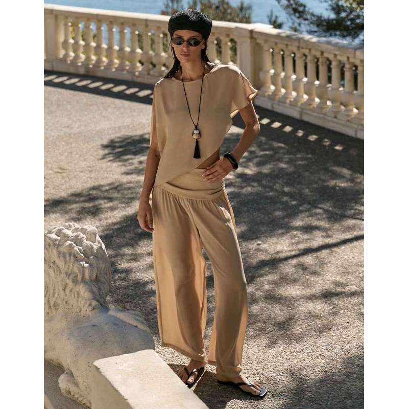 4th & Reckless sheer mesh ruched waist wide leg beach trousers