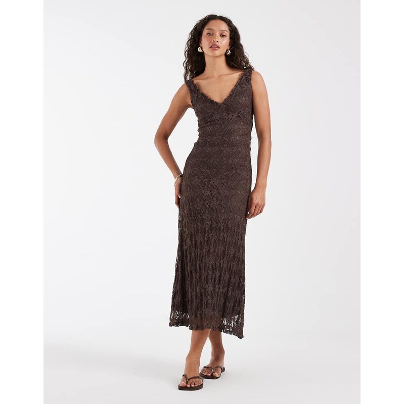 ONLY v-neck lace midaxi dress in brown