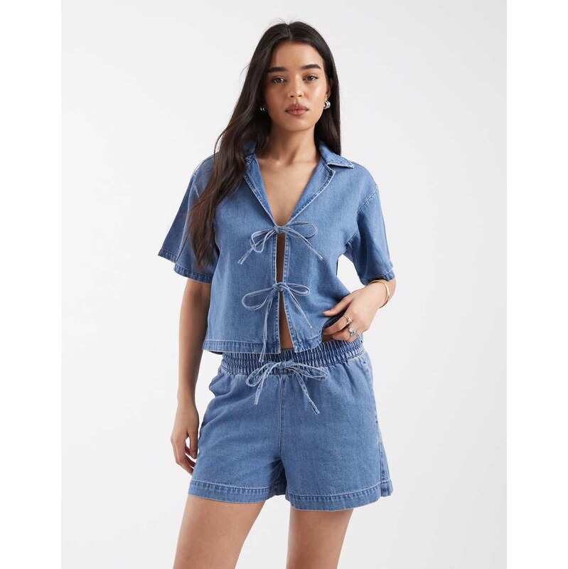 JJXX co-ord linen mix drawstring pull on shorts in mid blue 115184401