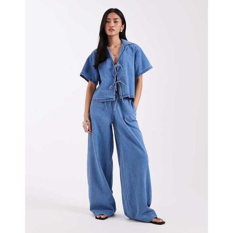 JJXX co-ord linen mix drawstring pull on jeans in light blue 115625661