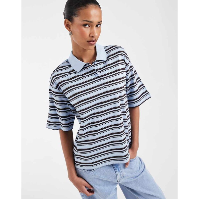 AWARE short sleeve polo top in blue and brown stripe 115522756
