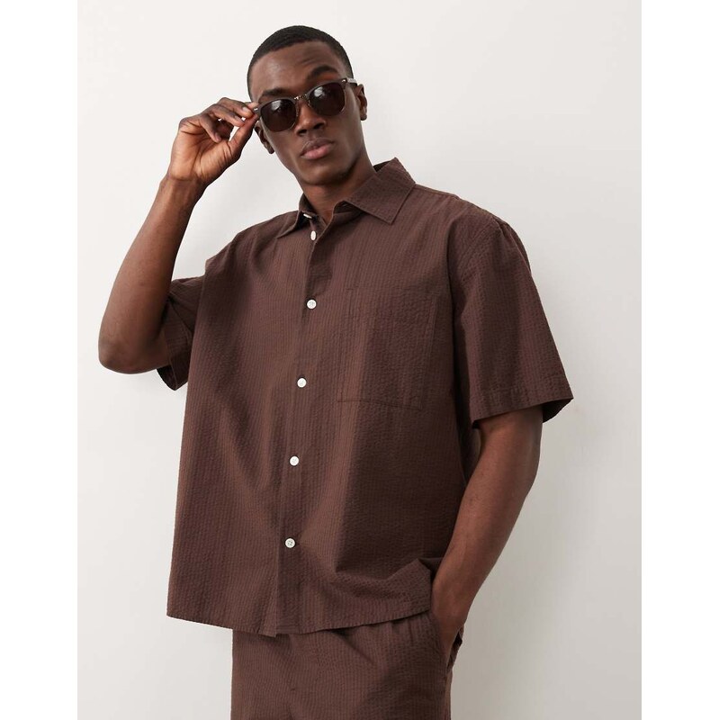 Selected co-ord seersucker short sleeve shirt in brown