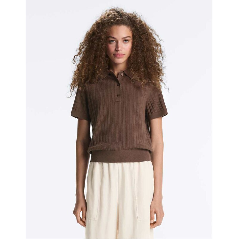 OYSHO Pointelle knit polo shirt in brown