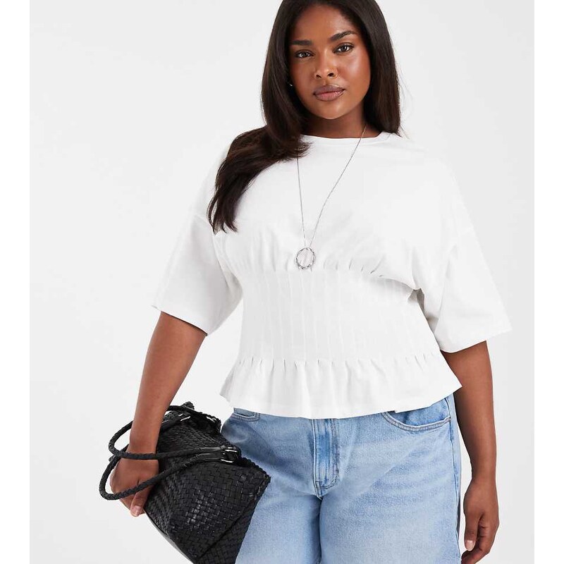 ONLY Curve ruched cinched waist top in white
