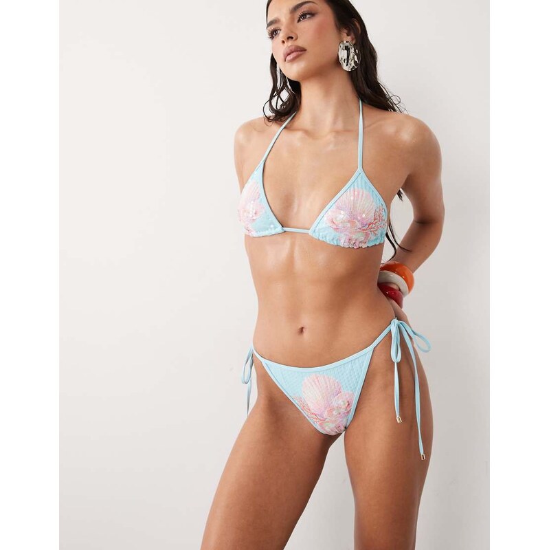 South Beach pink shell print tieside bikini bottom in baby blue