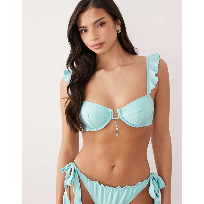 South Beach underwire bikini top with frill detail in teal-Blue