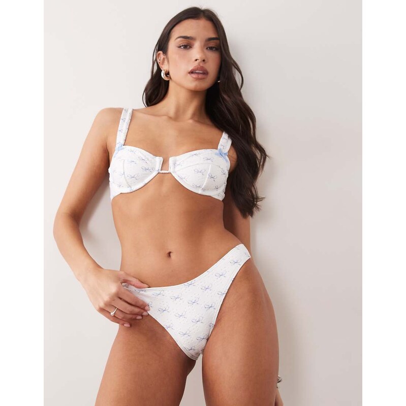 South Beach broderie high leg bikini bottom with bow detail in white 115195205