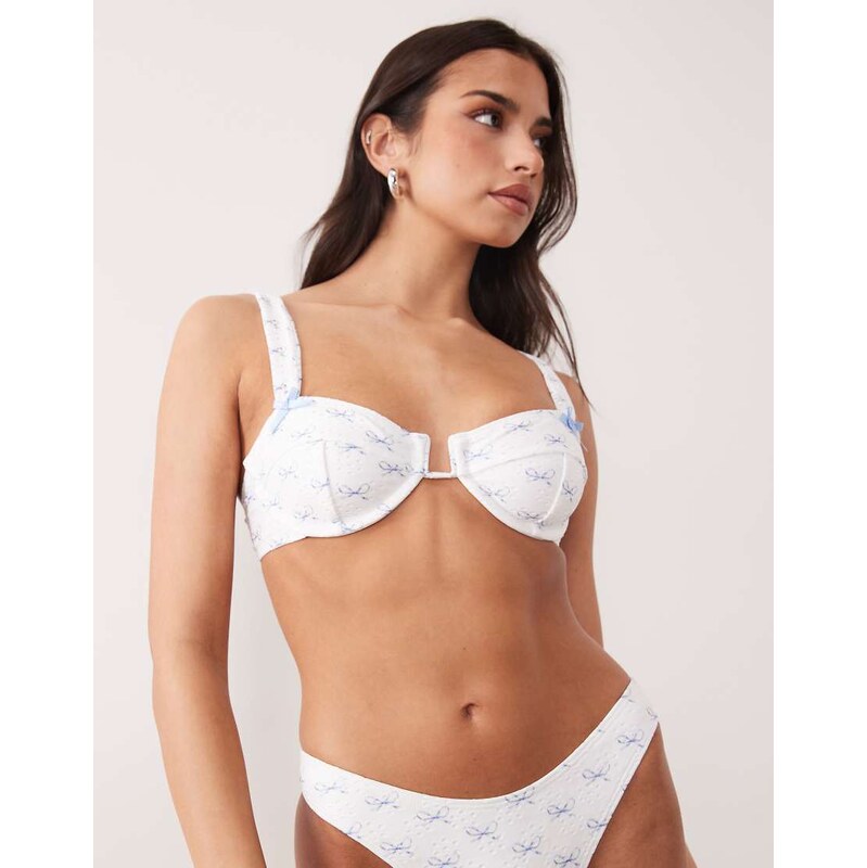 South Beach broderie underwire bikini top with bow detail in