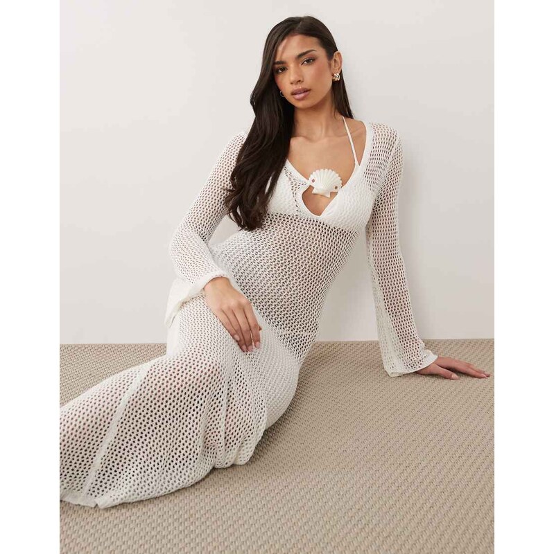 South Beach long sleeve crochet maxi dress in white