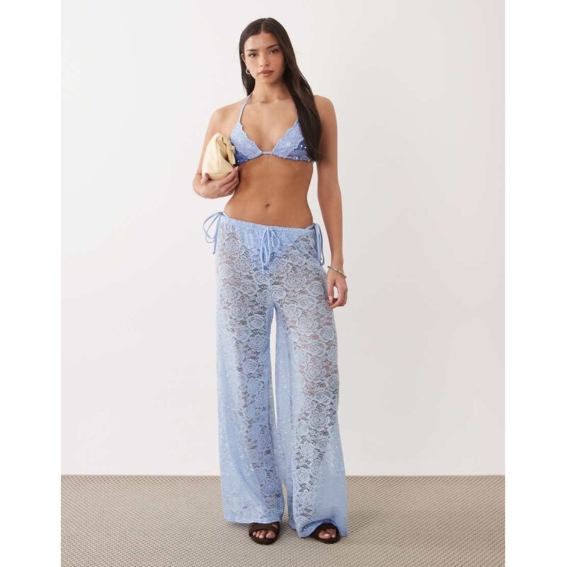 South Beach lace wide leg trouser in dusky blue