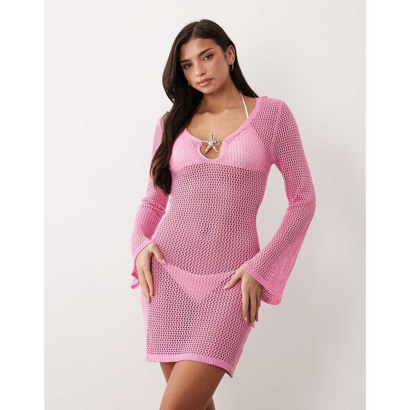 South Beach long sleeve crochet mini dress in pink