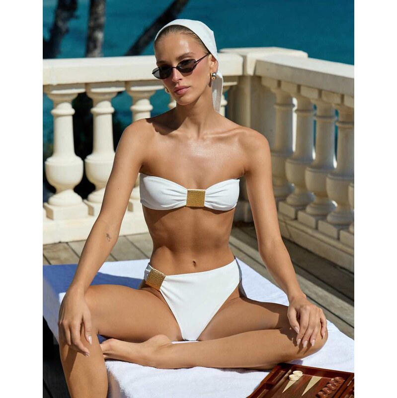 4th & Reckless gold hardware high leg bikini bottom co-ord in white 115614681