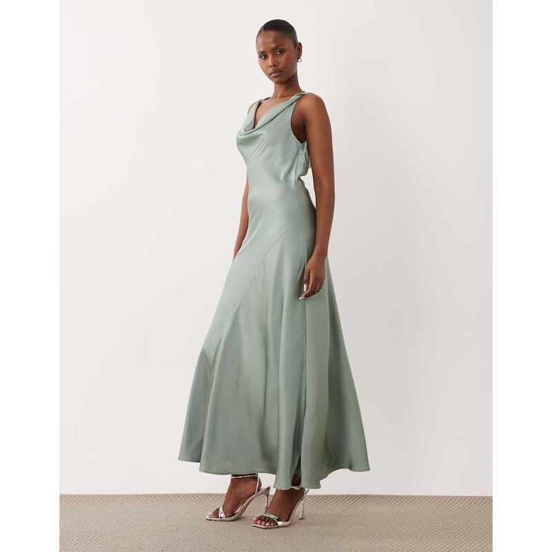 Vila halter cowl neck satin maxi dress in green milieu