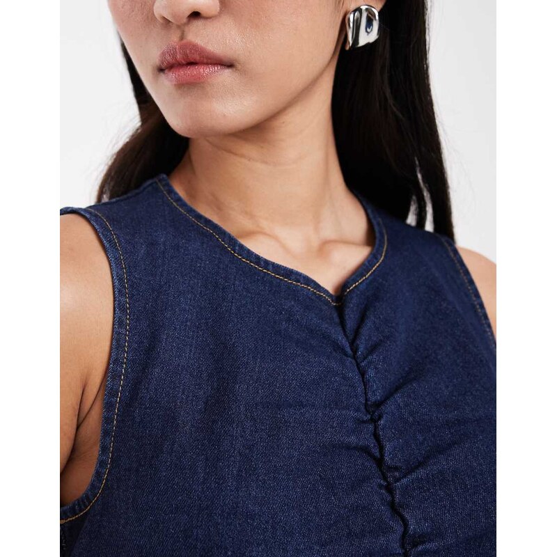 JJXX ruched denim mini dress in dark blue wash
