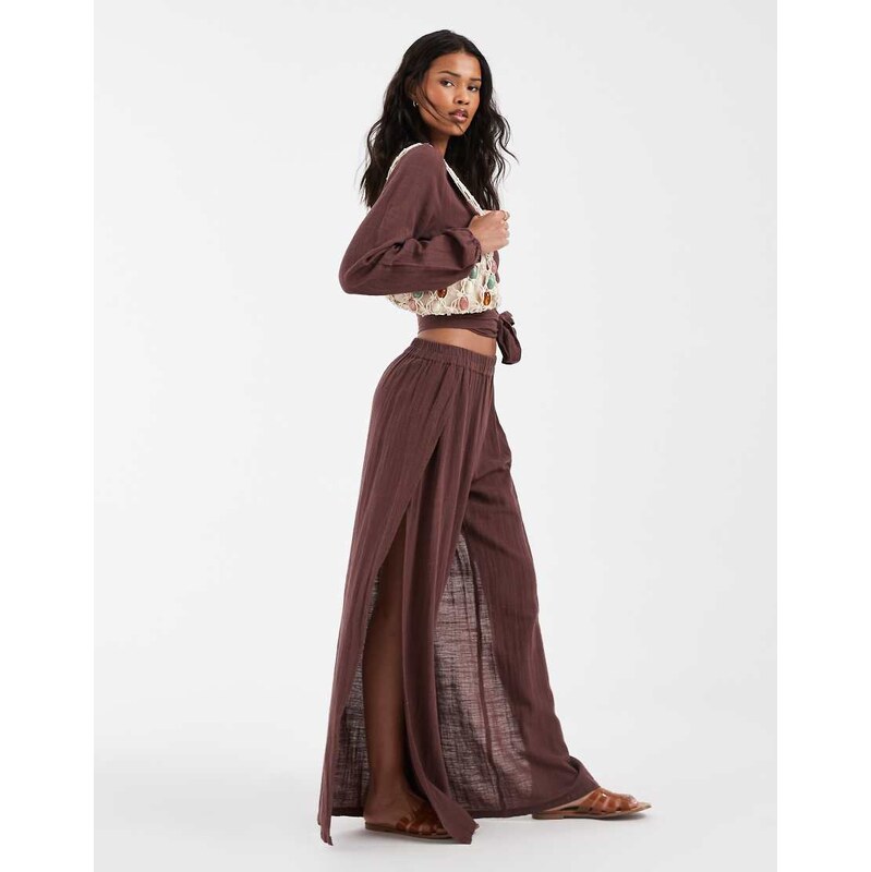 Pieces textured cotton wide split leg trousers co-ord in deep