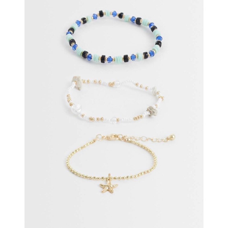 ASOS DESIGN multi-pack of beaded braceletes in blue and gold tone 115184414