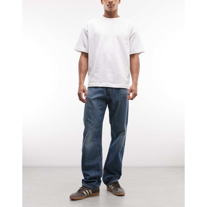 Weekday Space relaxed fit straight jeans in distressed mid blue