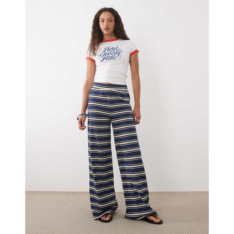 ASOS DESIGN wide leg trouser co-ord in navy and cream stripe-Multi