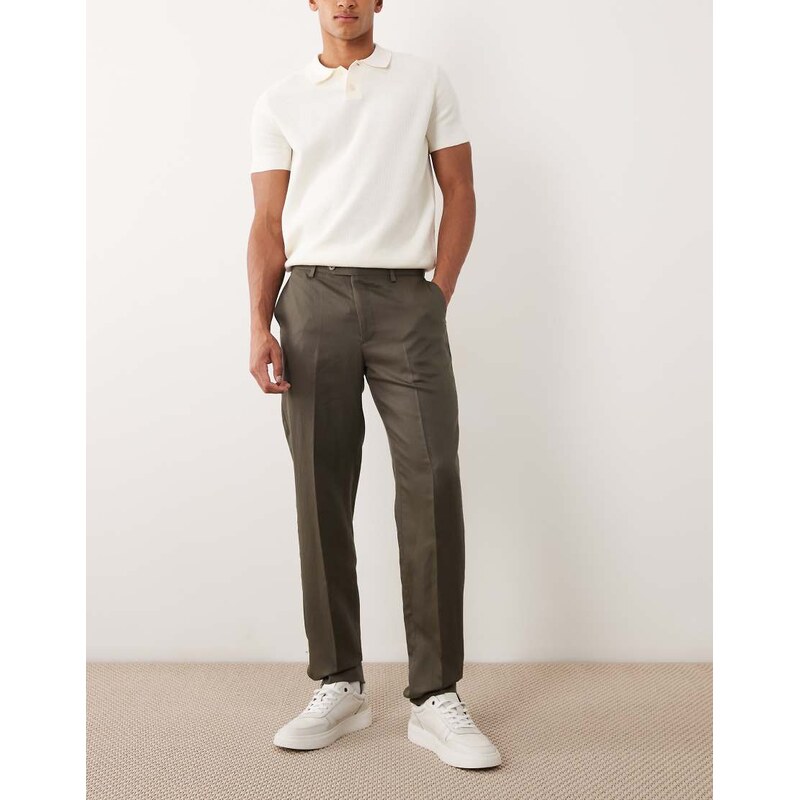 Mango Amalfi linen blend slim fit suit trouser co-ord in khaki
