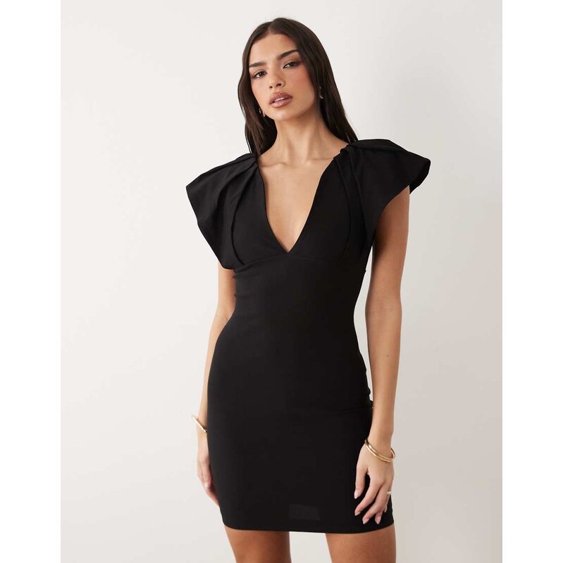 Vesper bengaline exaggerated shoulder mini dress in black