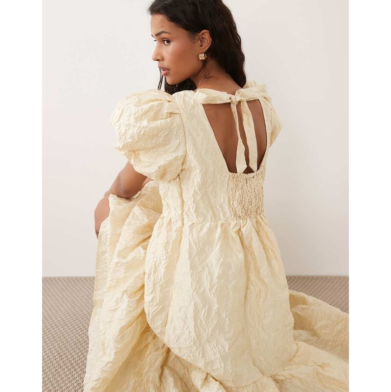 Sister Jane Yarrow jacquard puff sleeve tiered midi dress in
