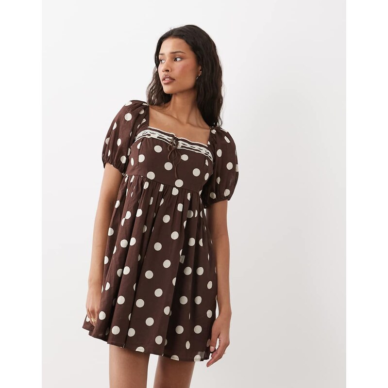 Abercrombie & Fitch puff sleeve mini babydoll dress in brown