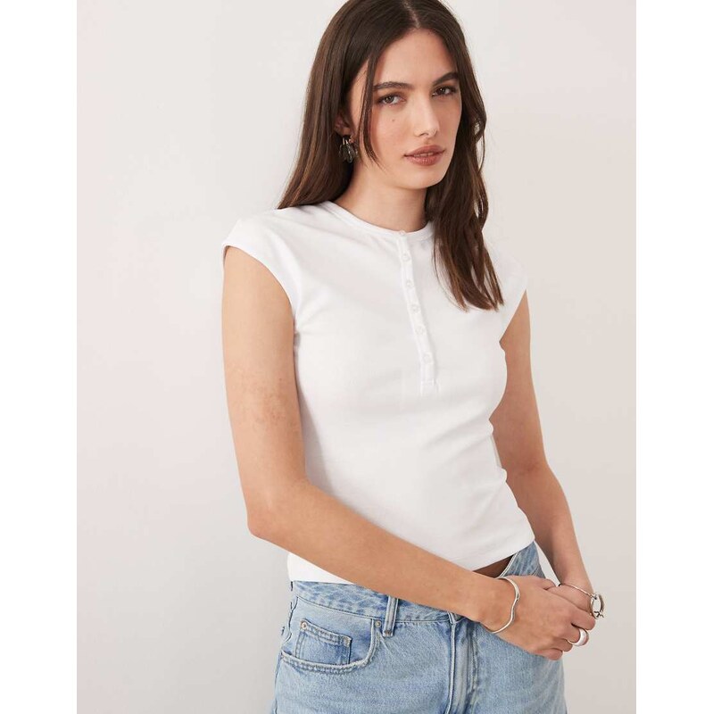 ASOS DESIGN ribbed button detail henley baby tee in white