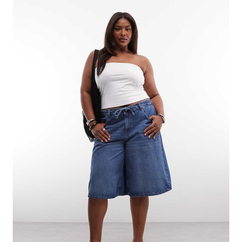 Noisy May Curve high waist longline loose short in mid blue