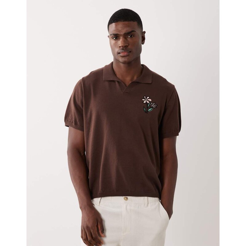 ASOS DESIGN oversized knitted short sleeve notch neck polo with flower embroidery in brown-White