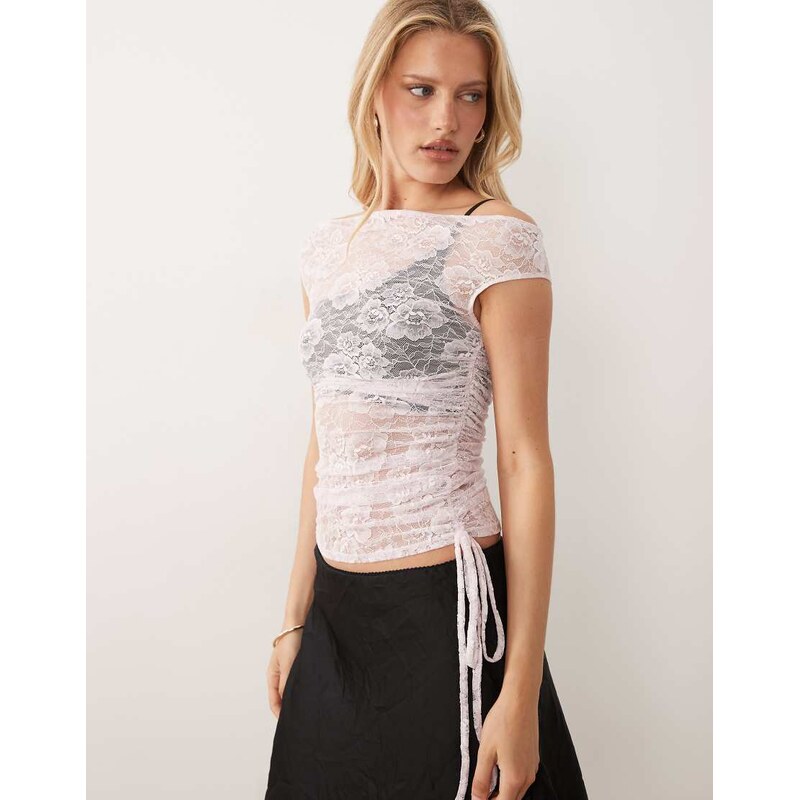 ASOS DESIGN lace colour block off shoulder top co-ord in pink and brown-Multi